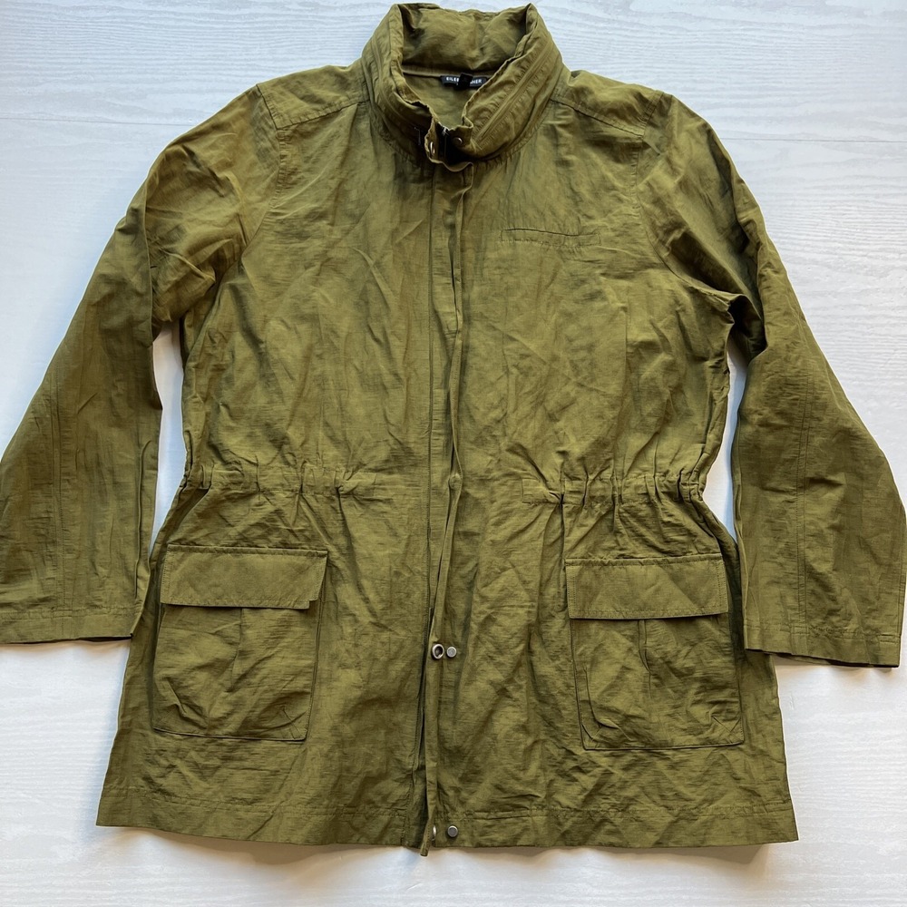 Eileen Fisher Utility Jacket Funnel Neck Drop In Waist Womens XL Green Hood